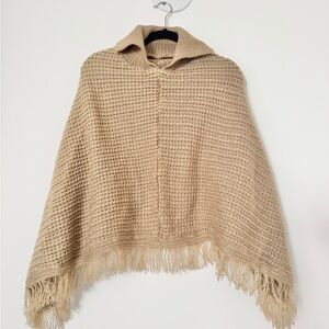 Beige Knit Poncho with Fringe